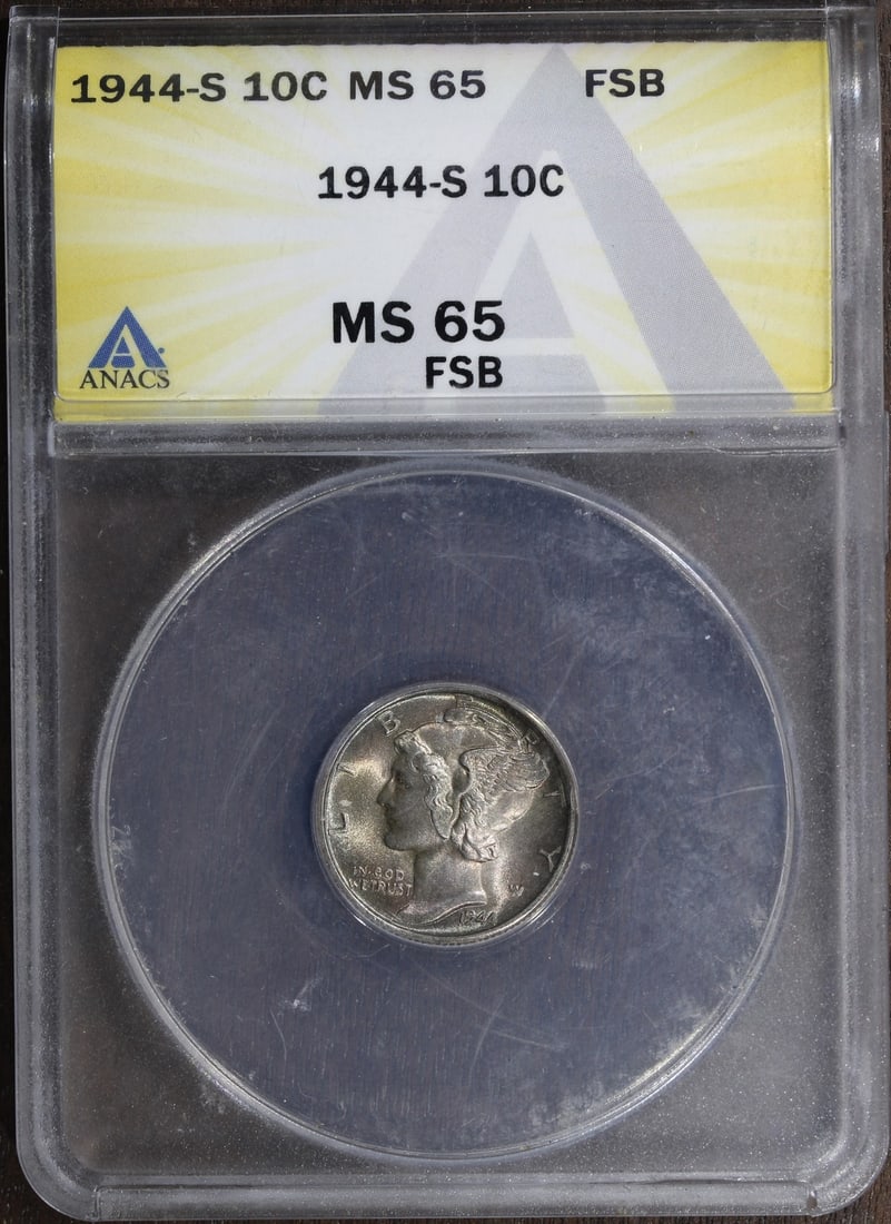 ANACS MS65FB 1944-S Mercury 10C Silver Dime: ANACS MS65FB 1944-S Mercury 10C Silver Dime This is a 1944-S Mercury Dime graded MS65FB by ANACS. The coin is uncirculated and features attractive toning. It is composed of 90% silver and was minted i