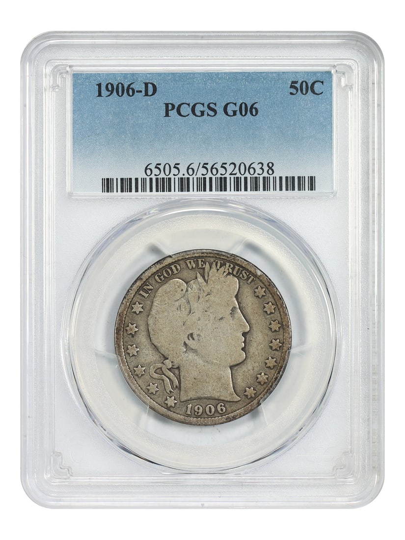 1906-D PCGS Good 06 Barber Half Dollar 50C: 1906-D PCGS Good 06 Barber Half Dollar 50C This 1906-D Barber Half Dollar is a circulated coin graded Good 6 by PCGS. Minted in Denver, it belongs to the Barber Half Dollar series and is an excellent 