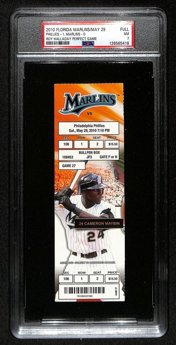 2010 Marlins Phillies Full Ticket Roy Halladay Perfect Game PSA NM 7: 2010 Marlins Phillies Full Ticket Roy Halladay Perfect Game PSA NM 7 This is an original full ticket from the May 29, 2010 baseball game between the Florida Marlins and the Philadelphia Phillies, comm