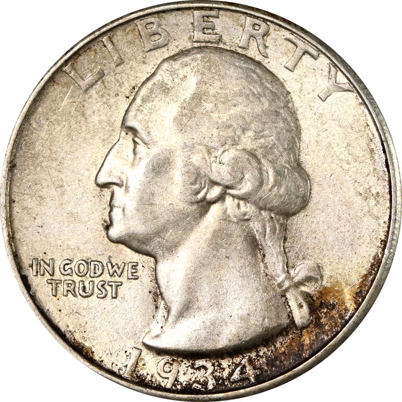 1934 Denver Silver Washington Quarter: 1934 Denver Silver Washington Quarter This is a 1934-D Washington Quarter from the United States, composed of silver with a fineness of 0.9. The coin is circulated and pre-owned, and it is not certifi