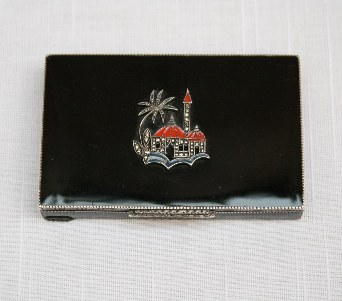 Vintage French Art Deco Sterling Silver Enamel Marcasite Box: Vintage French Art Deco Sterling Silver Enamel Marcasite Box Discover this exquisite early 1900's Art Deco French box, masterfully crafted from sterling silver and adorned with beautiful enamel and ma