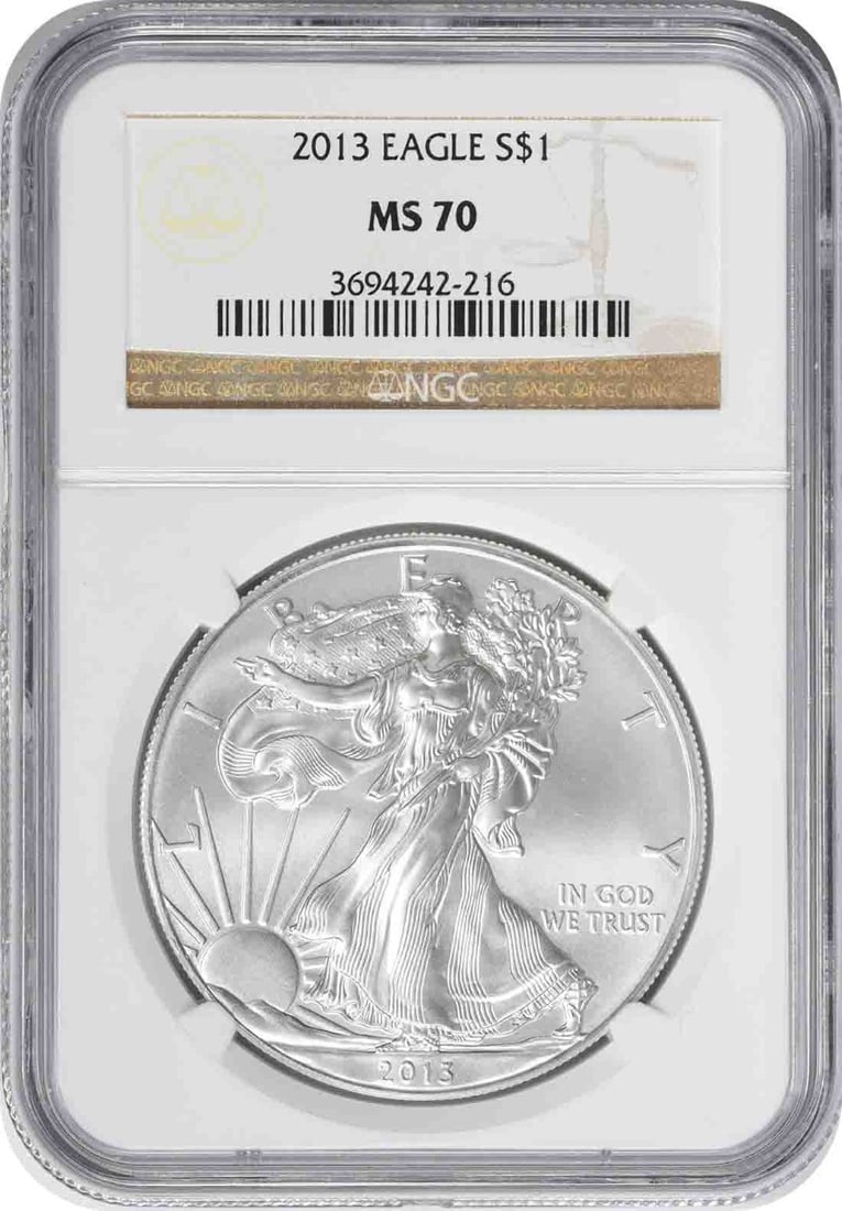NGC MS70 2013 American Silver Eagle 1 oz: NGC MS70 2013 American Silver Eagle 1 oz This 2013 American Silver Eagle is a $1 coin graded MS70 by NGC, indicating it is in perfect mint state condition. Struck by the U.S. Mint, it contains 1 oz of