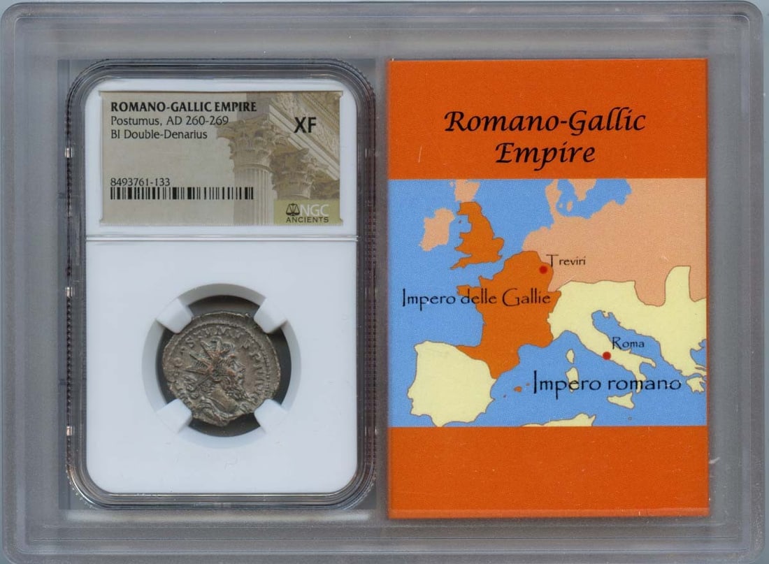 Romano-Gallic Empire Double-Denarius Coin NGC XF40 Postumus Story Vault: Romano-Gallic Empire Double-Denarius Coin NGC XF40 Postumus Story Vault This is a Double-Denarius coin from the Romano-Gallic Empire during the reign of Postumus (AD 260-269). The coin has been certif