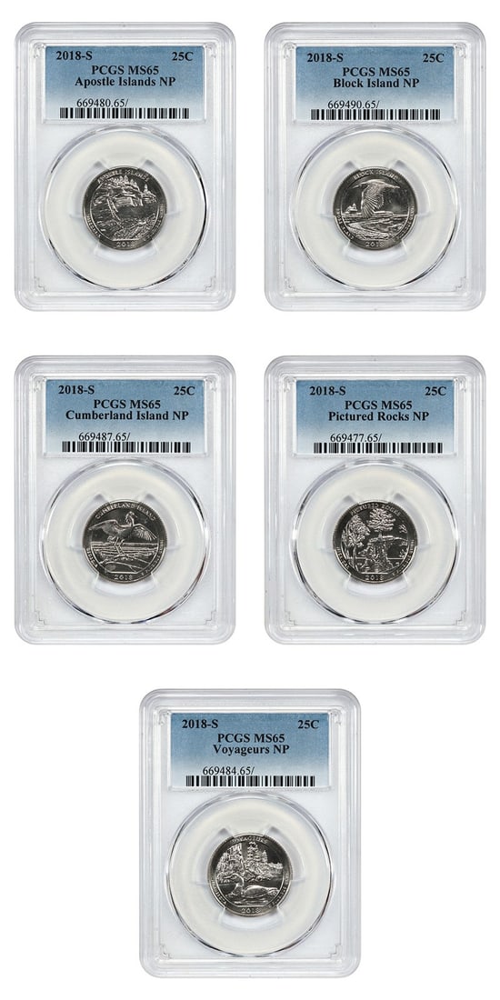 PCGS MS65 2018-S America the Beautiful Type 1 Quarter Set of 5 Clad Coins: PCGS MS65 2018-S America the Beautiful Type 1 Quarter Set of 5 Clad Coins This is a 2018-S America the Beautiful Quarter full set, featuring five clad quarters graded MS65 by PCGS. The set includes th