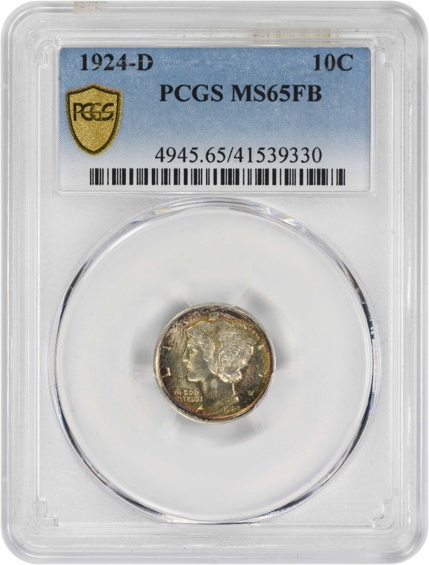 1924-D Mercury Dime MS65FB PCGS Uncirculated Silver Coin: 1924-D Mercury Dime MS65FB PCGS Uncirculated Silver Coin This 1924-D Mercury Silver Dime is a stunning example of numismatic artistry, certified by PCGS with a grade of MS65FB. Struck in Denver, this 