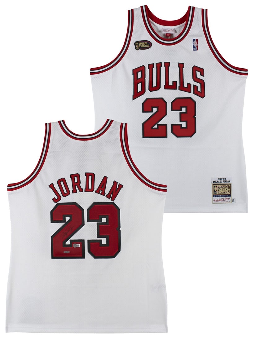Michael Jordan signed Chicago Bulls 1997-98 authentic jersey Beckett X-Large: Michael Jordan signed Chicago Bulls 1997-98 authentic jersey Beckett X-Large This white 1997-98 Mitchell & Ness Hardwood Classics Authentic Jersey features the official Chicago Bulls branding and has 