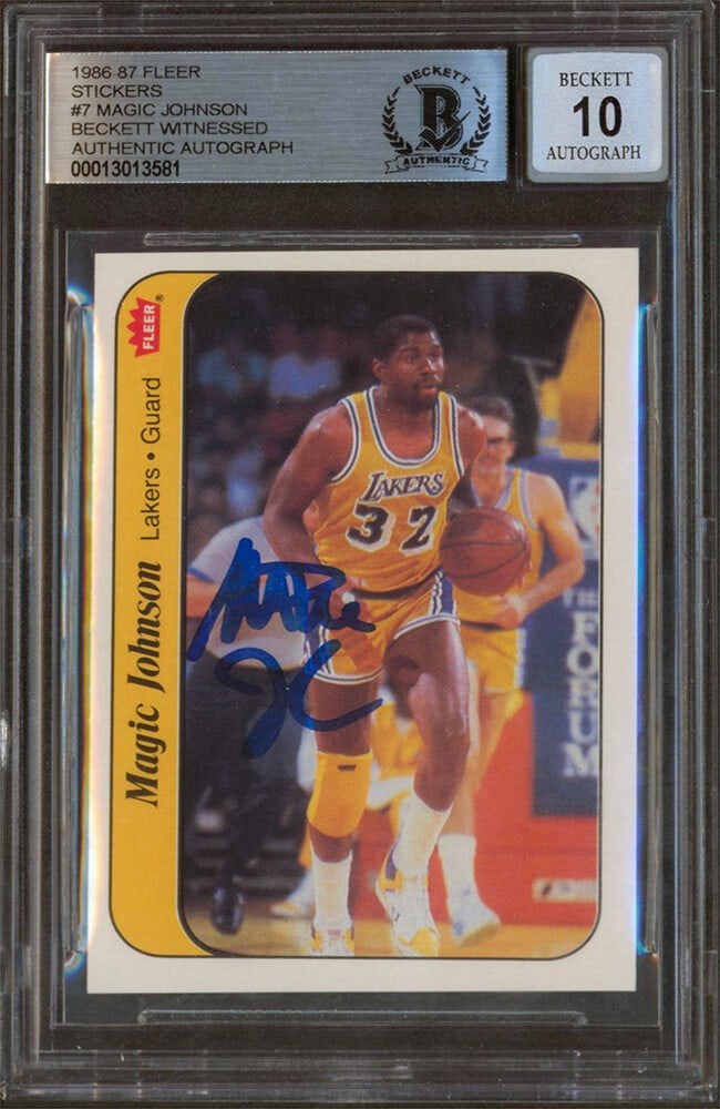 Magic Johnson Autographed 1986 Fleer Sticker Card #7 Beckett Mint 10 Slabbed: Magic Johnson Autographed 1986 Fleer Sticker Card #7 Beckett Mint 10 Slabbed This 1986 Fleer Stickers #7 basketball trading card features the Los Angeles Lakers' Magic Johnson and has been personally 