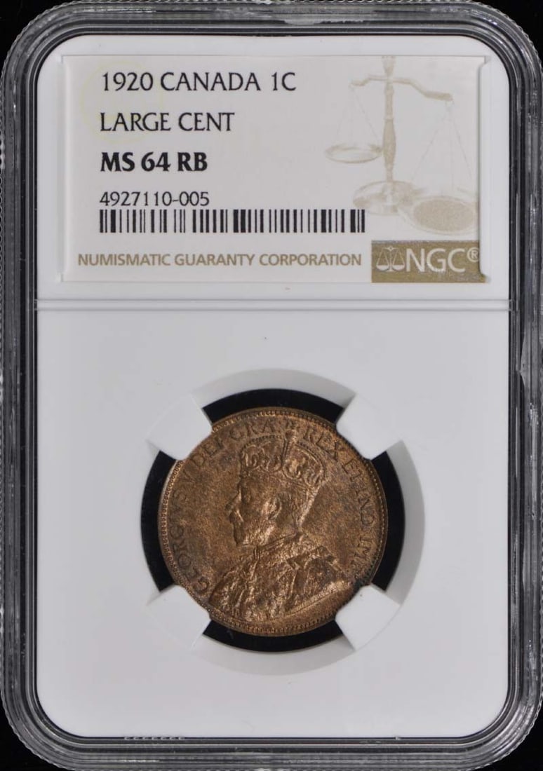 1920 Canada Large Cent 1C NGC MS64RB Certified Uncirculated: 1920 Canada Large Cent 1C NGC MS64RB Certified Uncirculated This 1920 Canada Large Cent, graded MS64RB by NGC, showcases exceptional quality and eye appeal. With a certification number of 4927110005, 