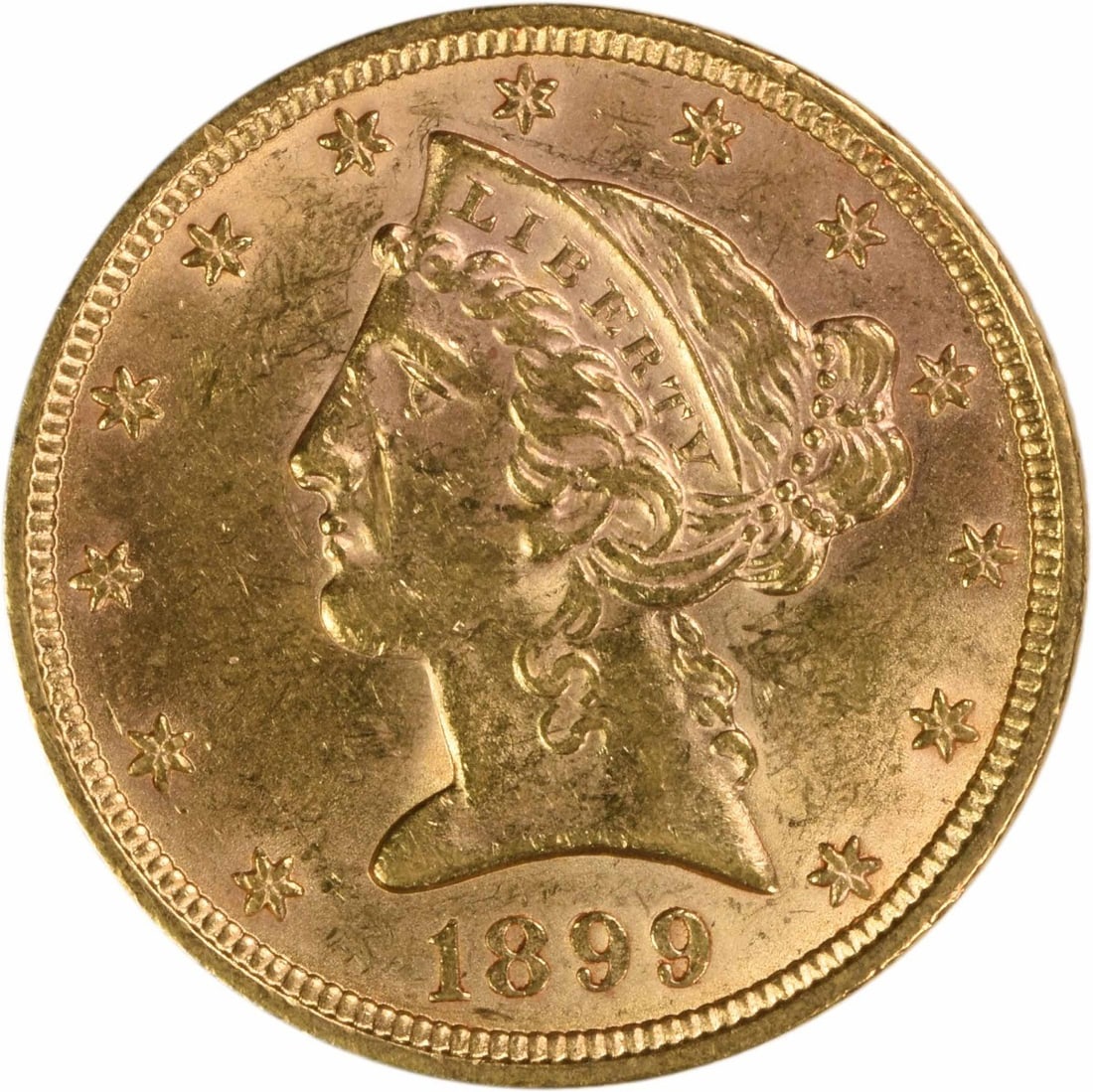 1899 Liberty Head $5 Gold Coin BU Uncertified: 1899 Liberty Head $5 Gold Coin BU Uncertified This 1899 $5 Gold Liberty Head coin is composed of gold and was minted in the United States. It is an uncertified, pre-owned coin from the pre-1933 era, g