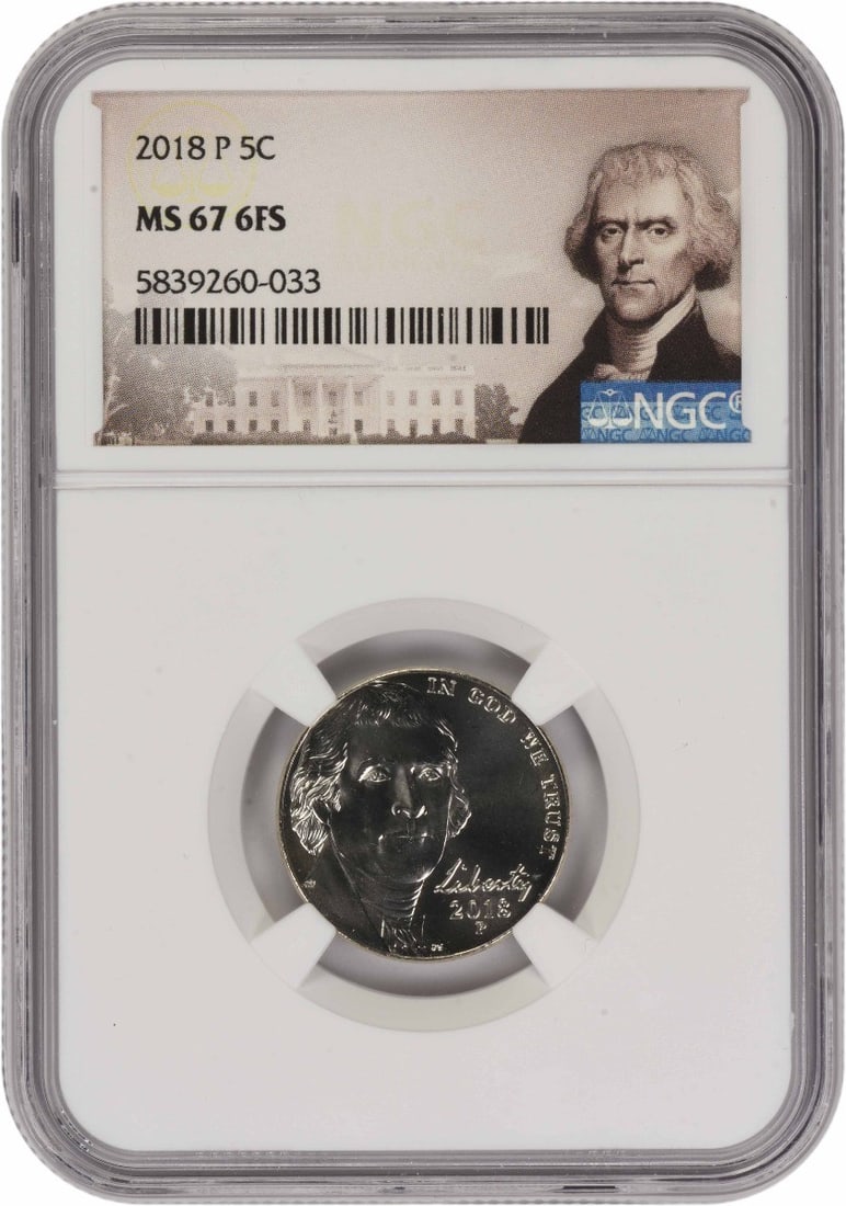 NGC MS67 6 Full Steps Jefferson 2018 Philadelphia Nickel: NGC MS67 6 Full Steps Jefferson 2018 Philadelphia Nickel This 2018-P Jefferson Nickel is certified by NGC with a grade of MS67 and features six full steps. Struck at the Philadelphia Mint, the uncircu