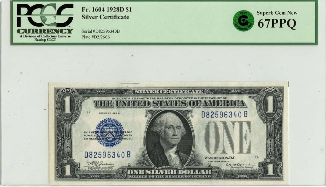 1928D $1 Silver Certificate Blue Seal PCGS Superb 67 PPQ: 1928D $1 Silver Certificate Blue Seal PCGS Superb 67 PPQ This 1928D $1 Silver Certificate features a striking blue seal and is graded PCGS Superb 67 PPQ, indicating its exceptional quality. As a Silve