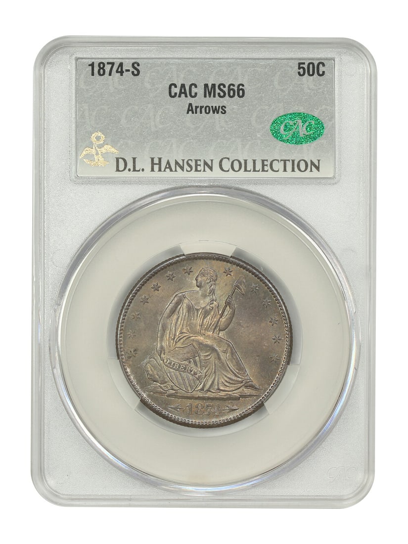 1874-S 50C Liberty Seated Half Dollar CACG MS66 With Arrows: 1874-S 50C Liberty Seated Half Dollar CACG MS66 With Arrows This 1874-S 50C CACG MS66 (Arrows) coin is a remarkable example from the Liberty Seated Half Dollar series, certified by CACG with certifica