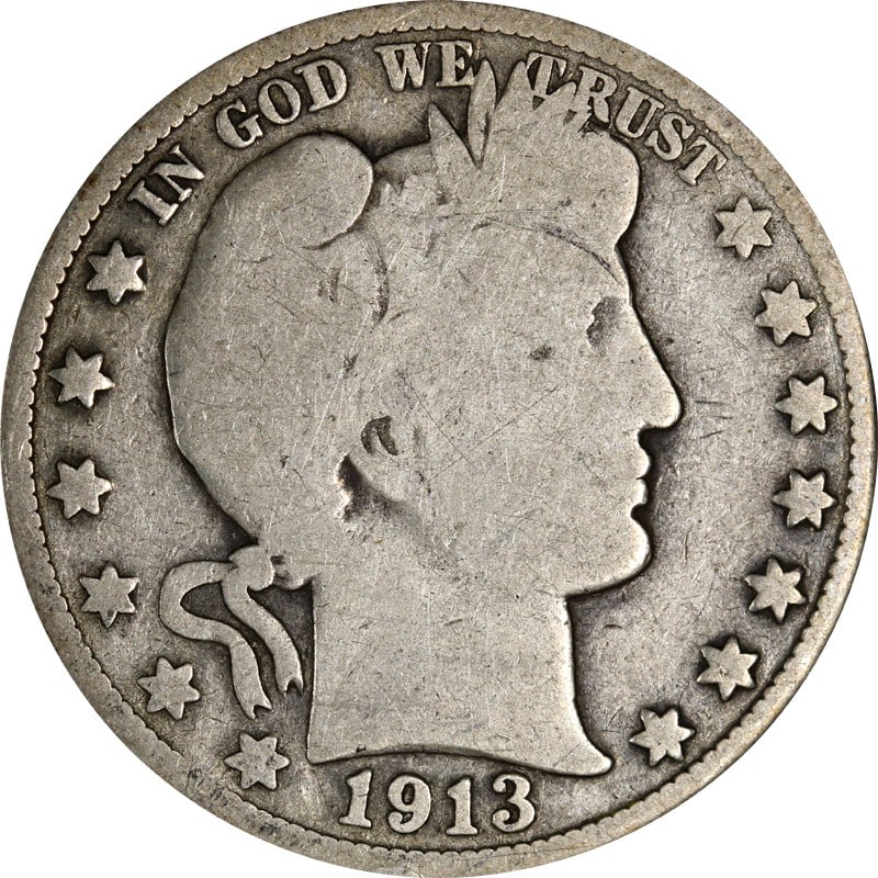 1913 P Silver Barber Half Dollar: 1913 P Silver Barber Half Dollar This is a 1913 Barber Half Dollar from the Philadelphia Mint. The coin is composed of 90% silver and is in circulated, pre-owned condition. It is an uncertified exampl
