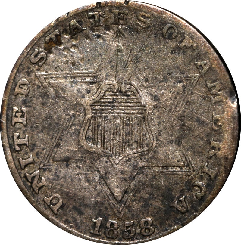 1858 Three Cent Silver Coin Circulated UNCERTIFIED: 1858 Three Cent Silver Coin Circulated UNCERTIFIED This 1858 Three (3) Cent Silver coin is a remarkable piece of history. It features a silver composition with a fineness of 0.9 and is categorized as 