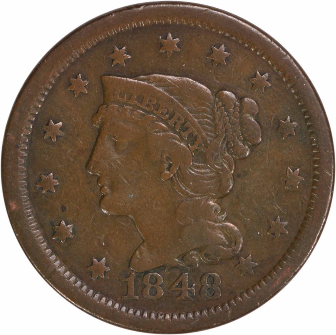 1848 Braided Hair Large Cent VF Copper Coin Philadelphia: 1848 Braided Hair Large Cent VF Copper Coin Philadelphia This 1848 Large Cent features a design by Christian Gobrecht and is classified as a VF (Very Fine) grade. Minted in Philadelphia, this coin is 