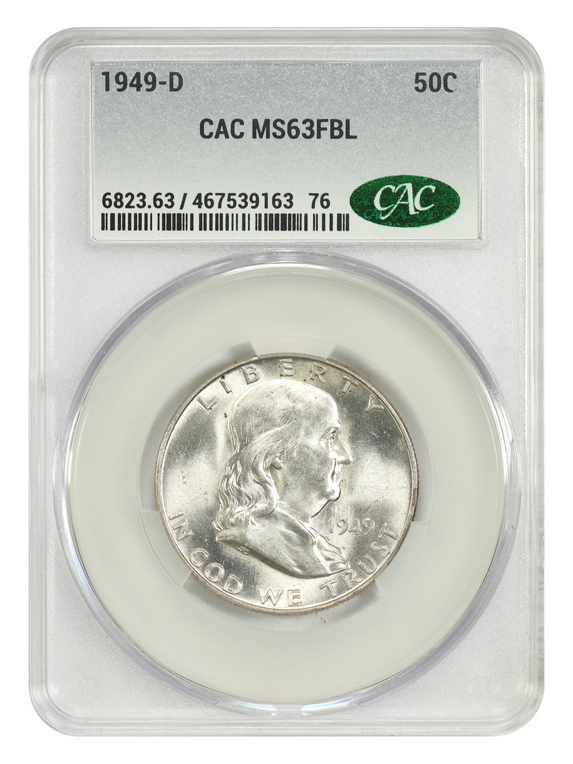 1949-D Franklin Half Dollar CACG MS63FBL Key Date: 1949-D Franklin Half Dollar CACG MS63FBL Key Date This is a 1949-D Franklin Half Dollar, graded MS63FBL by CACG. It is an uncirculated coin from the Denver mint, considered a popular key date among co