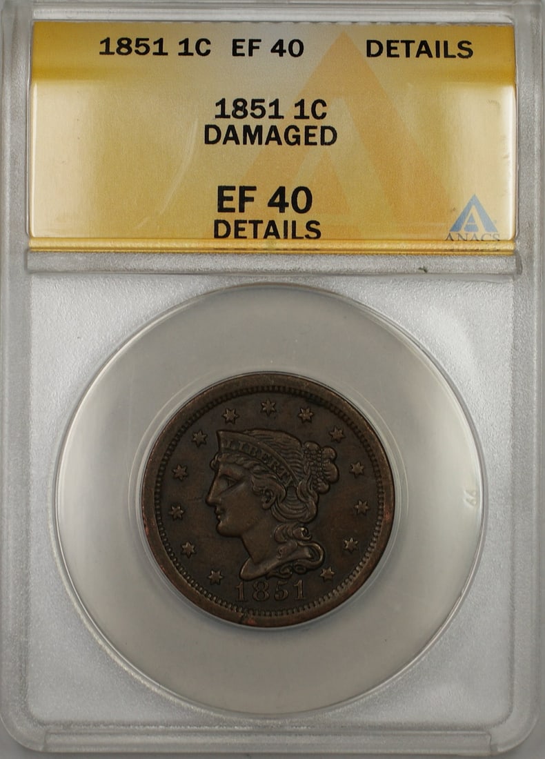 1851 Braided Hair Large Cent Copper Coin ANACS EF-40 Details: 1851 Braided Hair Large Cent Copper Coin ANACS EF-40 Details This is an 1851 Braided Hair Large Cent graded EF-40 Details by ANACS. The coin was minted in Philadelphia and is composed of copper. It ha