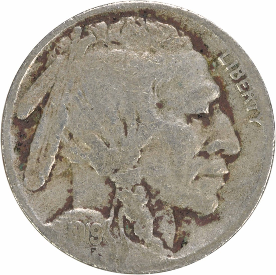 1919-S Buffalo Nickel 5C Circulated San Francisco Mint: 1919-S Buffalo Nickel 5C Circulated San Francisco Mint This 1919-S Buffalo Nickel is a notable piece of American numismatic history. With a grade of Fine (F), this circulated coin features the iconic 