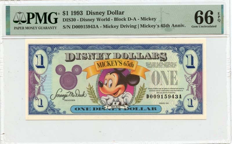 PMG GEM 66 EPQ 1993 Disney Dollar One Dollar Mickey Mouse Note: PMG GEM 66 EPQ 1993 Disney Dollar One Dollar Mickey Mouse Note This 1993 $1 Disney Dollar features Mickey Mouse and is graded MS66 GEM by PMG, indicating it is uncirculated and in excellent condition.