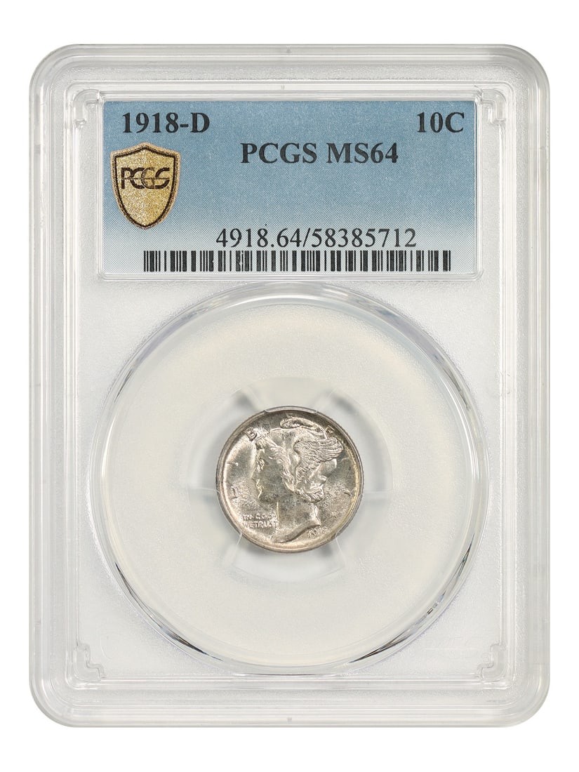 PCGS MS64 1918-D Mercury Dime 10C Denver: PCGS MS64 1918-D Mercury Dime 10C Denver This 1918-D Mercury Dime is a 10-cent coin minted in Denver and graded MS64 by PCGS. The coin is uncirculated and comes certified by PCGS, making it a valuable
