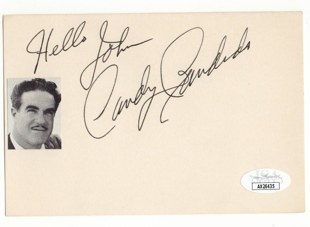 Candy Candido 3x5 Signed Index Card Authenticated by JSA: Candy Candido 3x5 Signed Index Card Authenticated by JSA This is an original index card autographed by Candy Candido, notable for his work as a radio, movie, and voice actor. The signature has been au