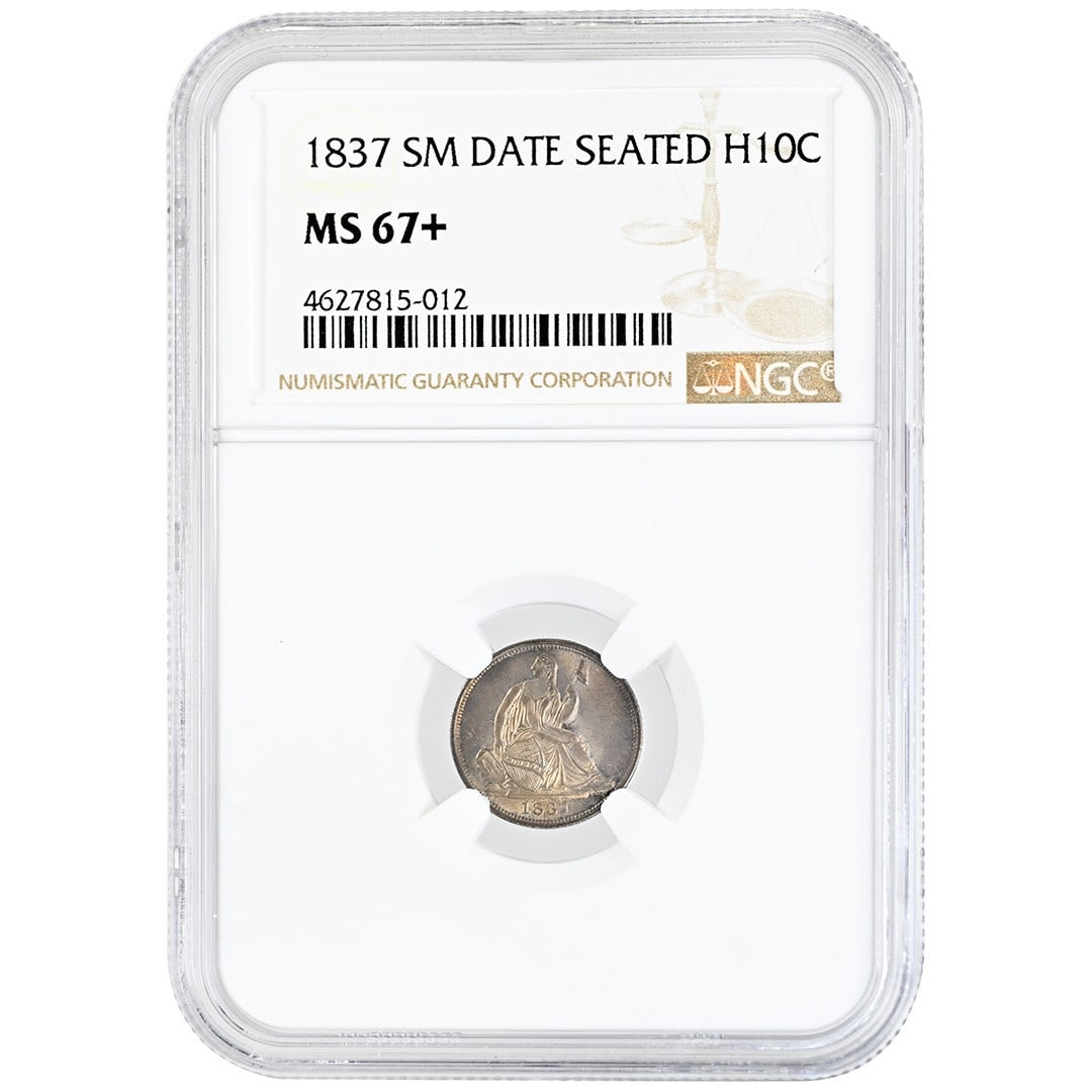 NGC MS67+ 1837 Seated Liberty Half Dime No Stars Small Date: NGC MS67+ 1837 Seated Liberty Half Dime No Stars Small Date This is an 1837 Seated Liberty Half Dime, featuring the No Stars Small Date variety, graded MS67+ by NGC. Struck in Philadelphia, this uncir