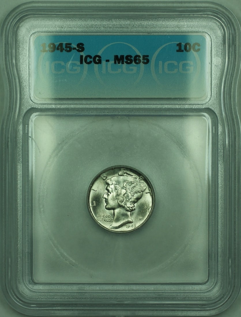 ICG MS-65 1945-S Mercury Silver 10c Dime: ICG MS-65 1945-S Mercury Silver 10c Dime This 1945-S Mercury Silver Dime is an uncirculated 10-cent coin from the United States, graded MS-65 by ICG. Composed of 90% silver, this coin was minted in Sa