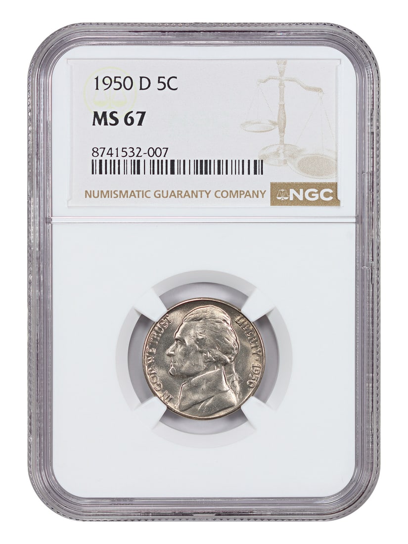 NGC MS67 1950-D Jefferson Nickel 5C Denver: NGC MS67 1950-D Jefferson Nickel 5C Denver This is a 1950 Jefferson Nickel with a denomination of 5 cents, minted in Denver. The coin is uncirculated and certified by NGC with certification number 874