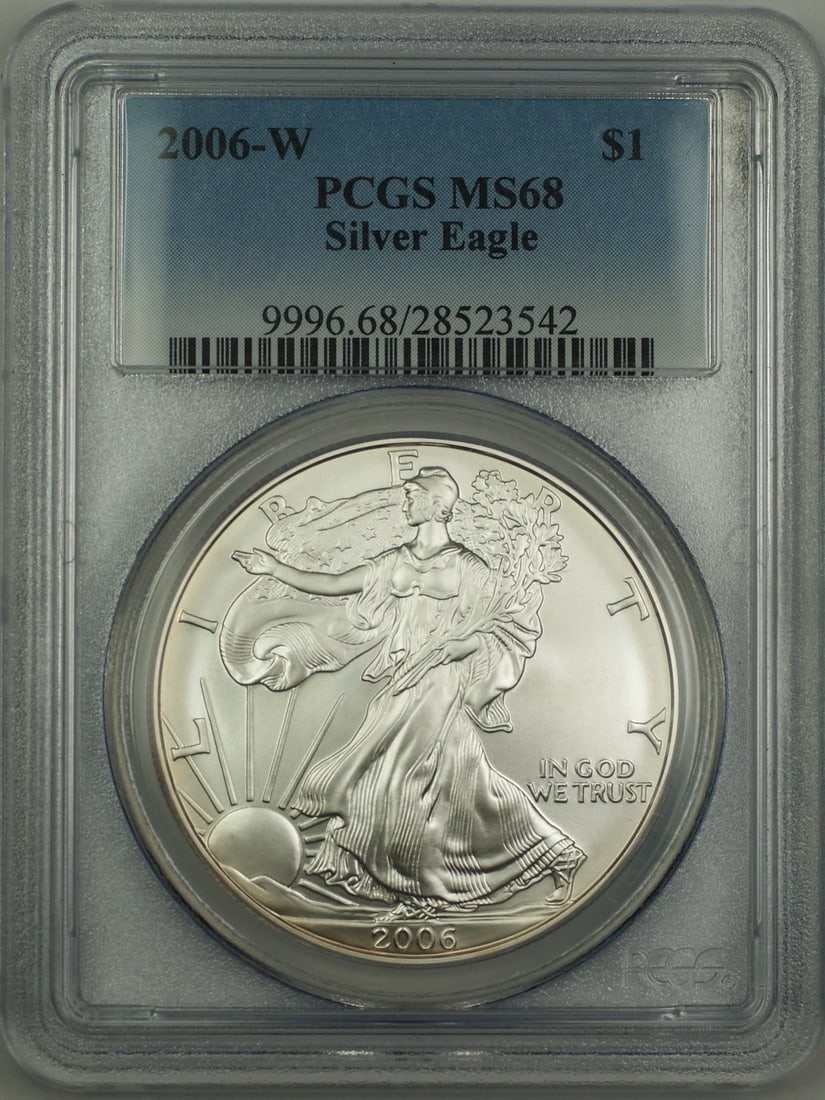 PCGS MS-68 2006-W Silver Eagle Dollar 1 oz .999 Fine Coin: PCGS MS-68 2006-W Silver Eagle Dollar 1 oz .999 Fine Coin This 2006-W American Silver Eagle Coin is certified by PCGS with a grade of MS-68, reflecting its high-quality condition. Minted in the United