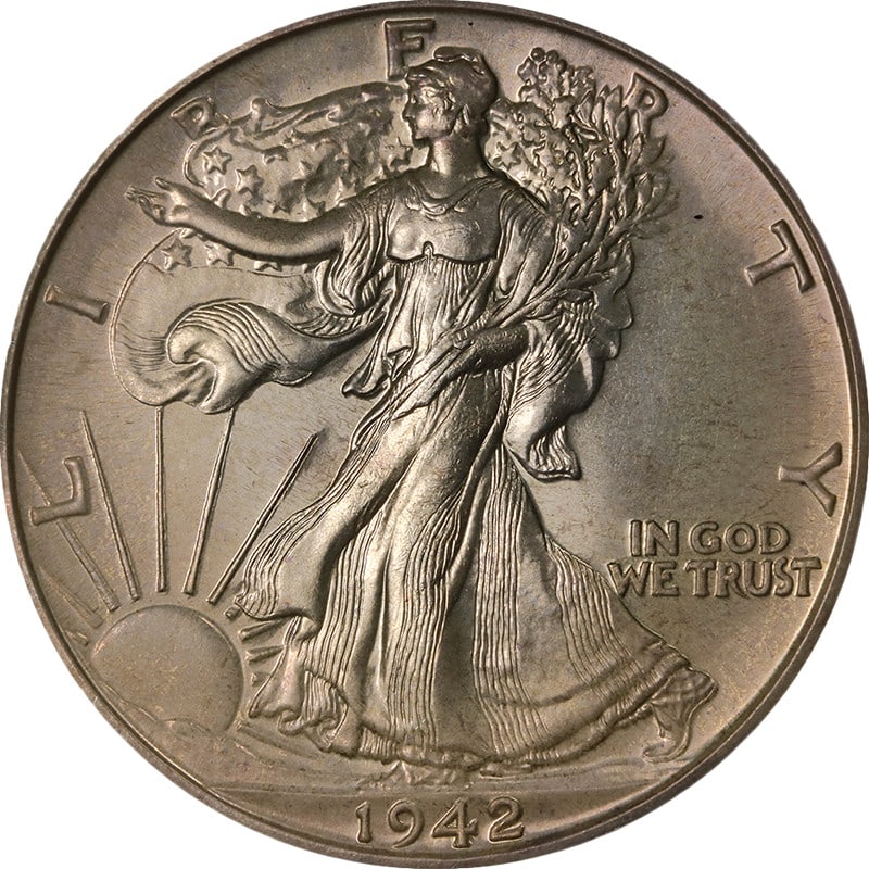 1942 Silver Walking Liberty Half Dollar Proof: 1942 Silver Walking Liberty Half Dollar Proof This 1942 Walking Liberty Half Dollar Proof coin features decent eye appeal and a strong strike. The coin has a bit of a chalky appearance, which subdues 