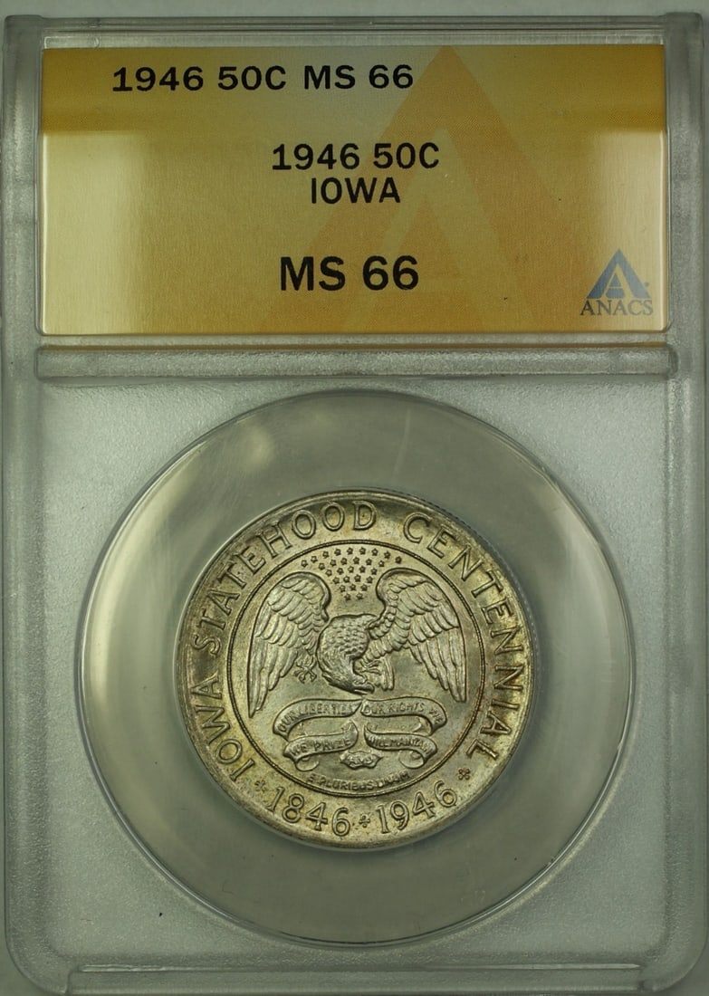 1946 Iowa Silver 50 Cent Commemorative ANACS MS66 Toned Uncirculated Coin: 1946 Iowa Silver 50 Cent Commemorative ANACS MS66 Toned Uncirculated Coin This 1946 Iowa Commemorative Silver Half Dollar is graded MS-66 by ANACS. Struck at the Philadelphia Mint, the coin features a