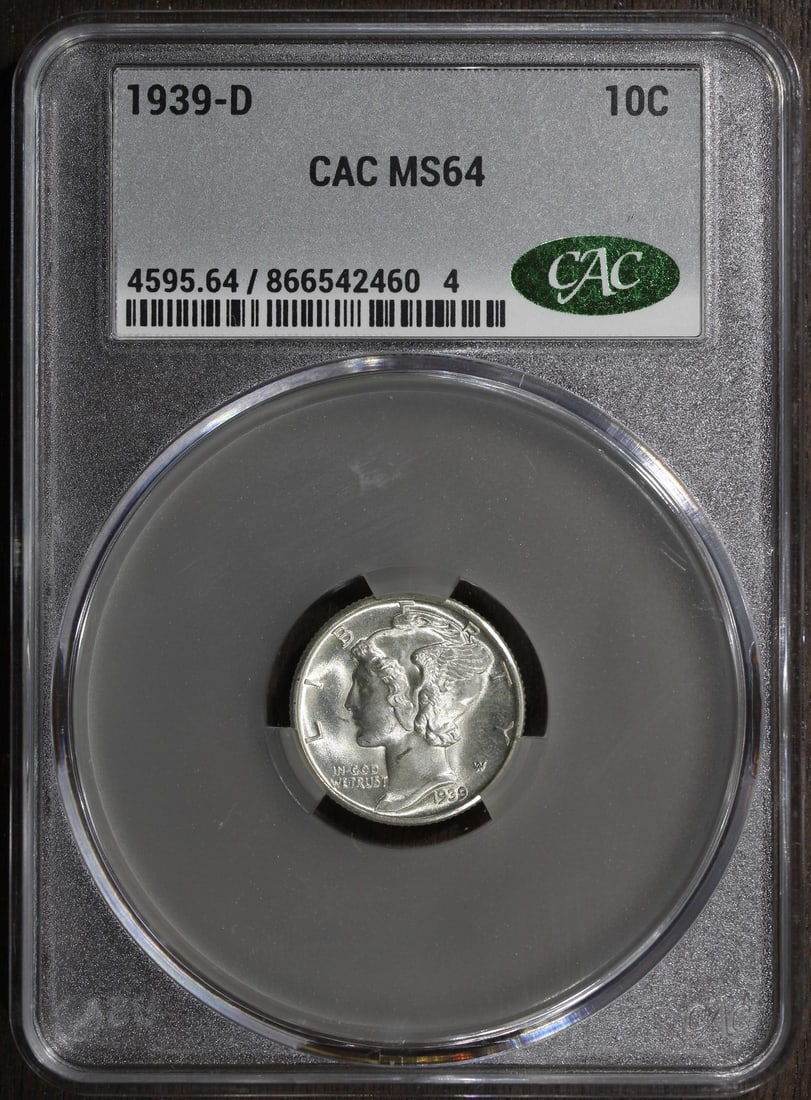 1939-D Mercury Dime MS64 CACG Silver Denver Mint: 1939-D Mercury Dime MS64 CACG Silver Denver Mint This 1939-D Mercury Dime is a silver coin minted in Denver, United States. It features the classic Mercury design and is composed of 90% silver. The co