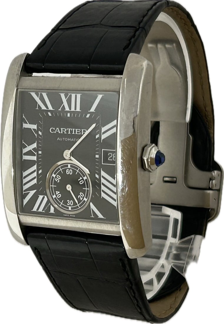Cartier Tank MC Automatic Men's Stainless Leather Black Watch: Cartier Tank MC Automatic Men's Stainless Leather Black Watch This Cartier Tank MC W5330004 3589 is a sophisticated automatic wristwatch designed for men. Featuring a stainless steel case and a black 
