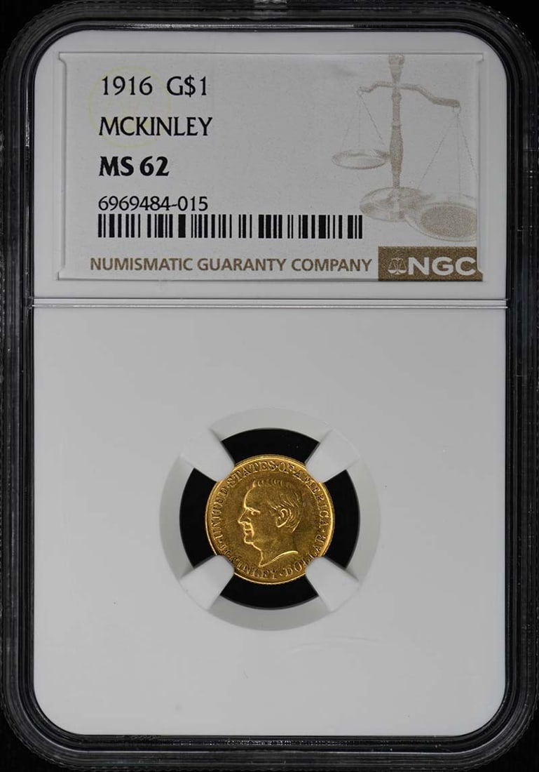 1916 McKinley Gold Dollar NGC MS62: 1916 McKinley Gold Dollar NGC MS62 This is a 1916 McKinley gold commemorative $1 coin, graded MS62 by NGC. The coin is uncirculated and was minted in Philadelphia. It is a pre-owned collectible from t