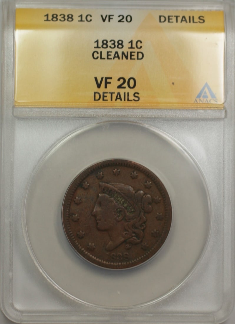 1838 Copper Large Cent ANACS VF 20 Cleaned: 1838 Copper Large Cent ANACS VF 20 Cleaned This 1838 Large Cent 1C coin originates from the United States and is composed of copper. It has been certified by ANACS with a grade of VF 20 and noted as h