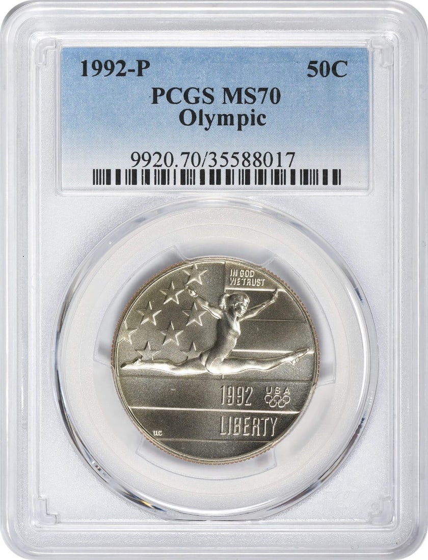 PCGS MS70 1992 P Olympic clad half dollar: PCGS MS70 1992 P Olympic clad half dollar This 1992-P Olympic Commemorative Half Dollar is a United States coin produced to honor the Olympic Games. Struck at the Philadelphia Mint, it is composed of 