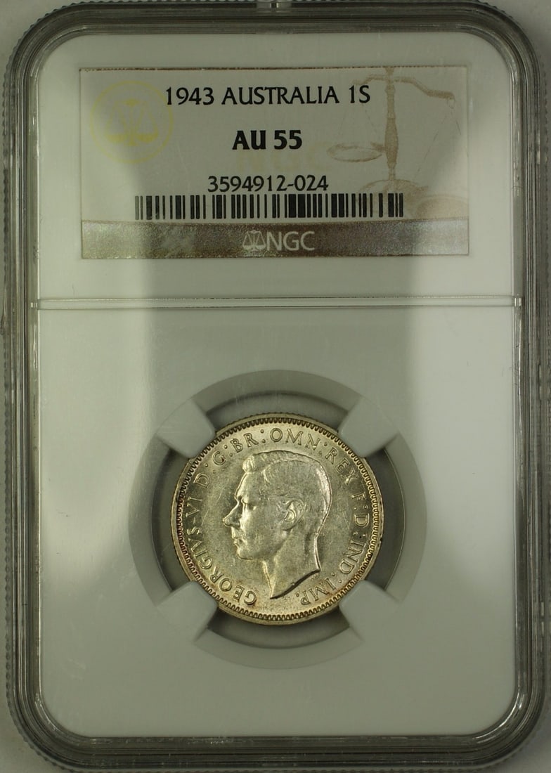 NGC AU 55 1943 Australia Silver Shilling KM 39: NGC AU 55 1943 Australia Silver Shilling KM 39 This 1943 Australian one shilling silver coin is graded AU-55 by NGC and features a pre-decimal design. Composed of 0.925 fine silver, it is a circulated