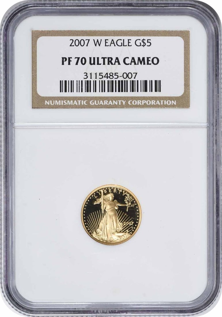 2007-W $5 American Gold Eagle Proof NGC PF70UCAM: 2007-W $5 American Gold Eagle Proof NGC PF70UCAM This 2007-W $5 American Gold Eagle coin is a stunning example of U.S. mint craftsmanship, featuring a proof strike with a remarkable PR70 grade by NGC.