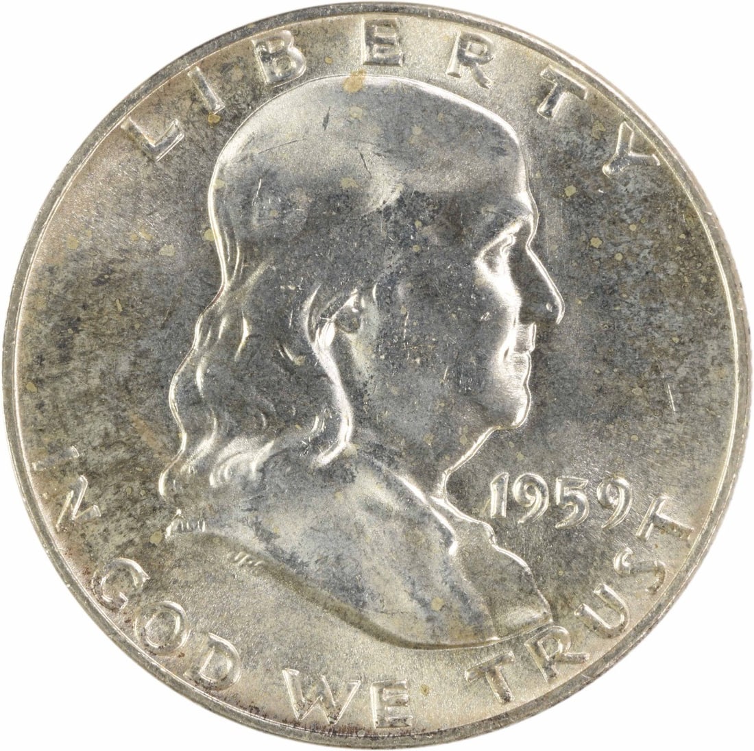1959 D Uncirculated Franklin Silver 50 Cent Coin Choice BU Plus Uncertified: 1959 D Uncirculated Franklin Silver 50 Cent Coin Choice BU Plus Uncertified This 1959-D Franklin Silver Half Dollar is an uncirculated coin in Choice BU+ condition. Struck at the Denver Mint, it featu