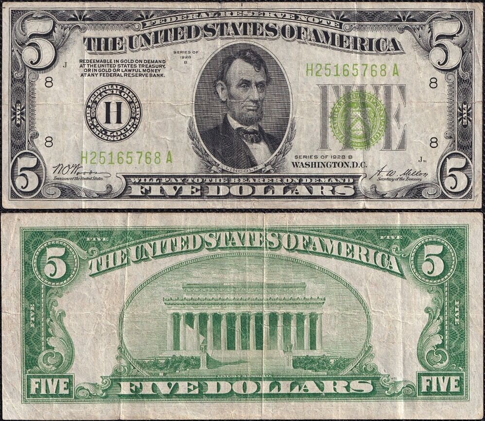 1928-B St. Louis $5 Federal Reserve Note Light Green Seal VF: 1928-B St. Louis $5 Federal Reserve Note Light Green Seal VF This is a 1928-B $5 Federal Reserve Note from the United States, featuring the St. Louis H-A Block and the Light Green Seal (LGS) variety w