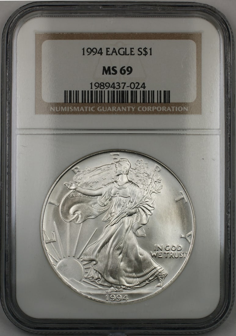 NGC MS-69 1994 Silver American Eagle One Dollar Coin: NGC MS-69 1994 Silver American Eagle One Dollar Coin This 1994 American Silver Eagle $1 coin has been certified by NGC with a grade of MS 69, indicating a near-perfect uncirculated condition. Minted i
