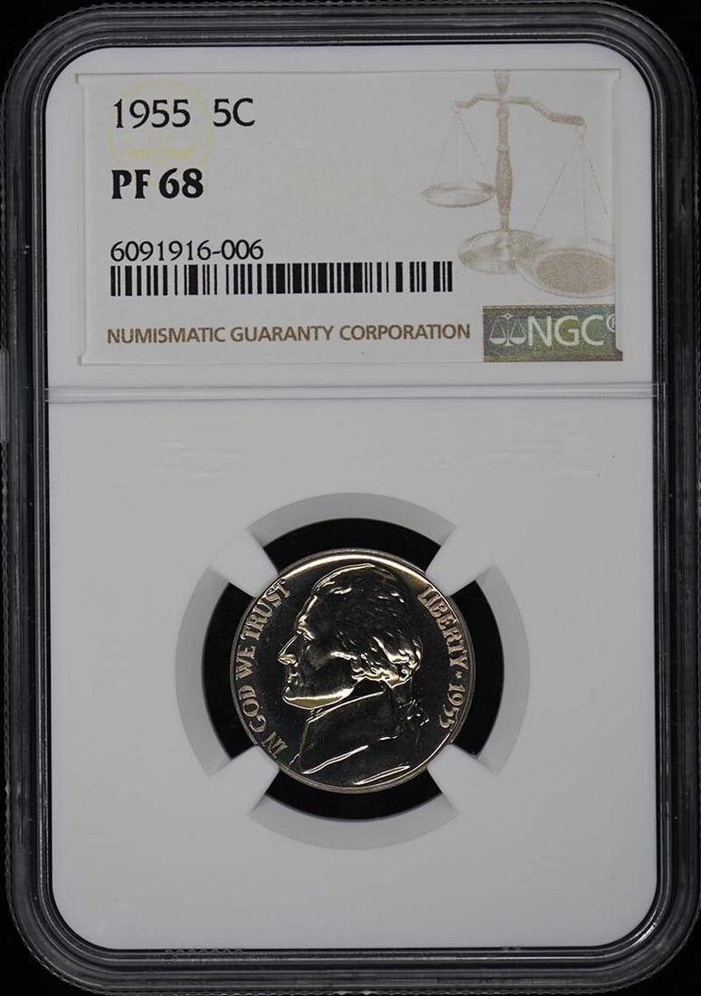 1955 Jefferson Nickel NGC PR68 Proof Uncirculated Coin: 1955 Jefferson Nickel NGC PR68 Proof Uncirculated Coin This 1955 Jefferson Nickel is certified by NGC with a grade of PR68, indicating its pristine condition. The coin was struck as a proof at the Phi
