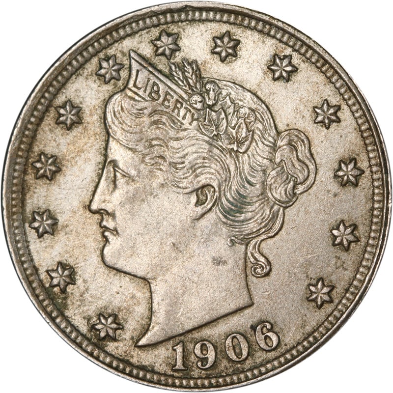 1906 Liberty V Nickel Circulated UNCERTIFIED Coin: 1906 Liberty V Nickel Circulated UNCERTIFIED Coin This 1906 Liberty V Nickel is a classic coin from the early 20th century, featuring the iconic Liberty head design. The coin is made of nickel and is 