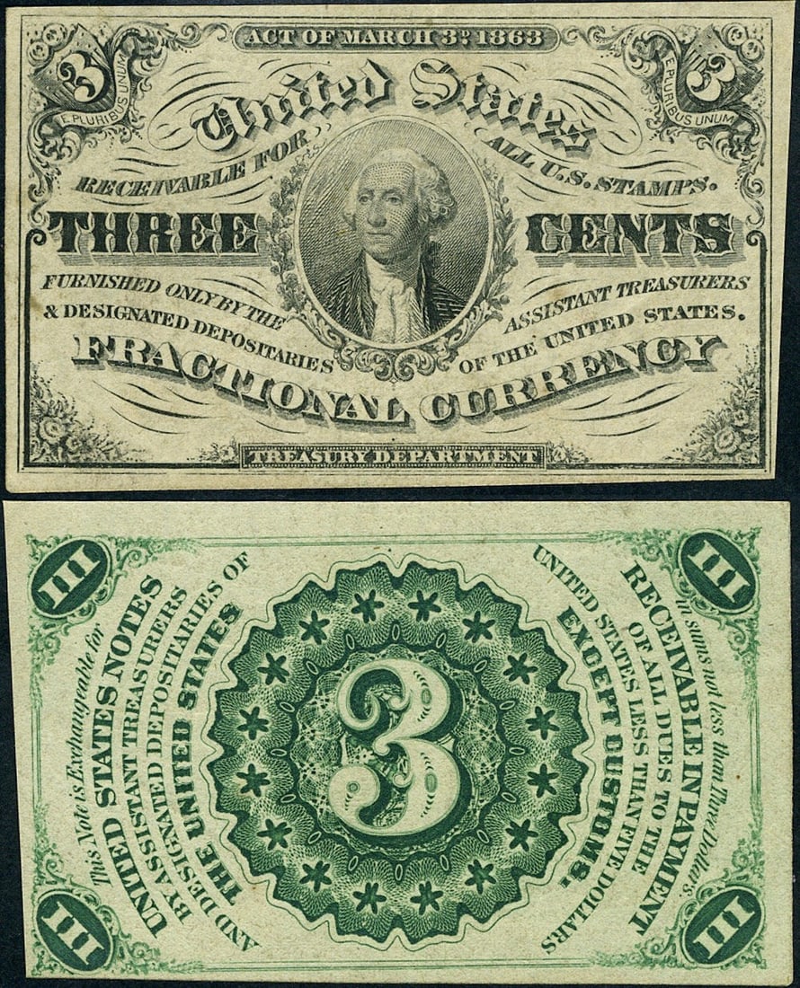 3 Cent 3rd Issue Fractional Note Light Background Choice Uncirculated (1 of 3)