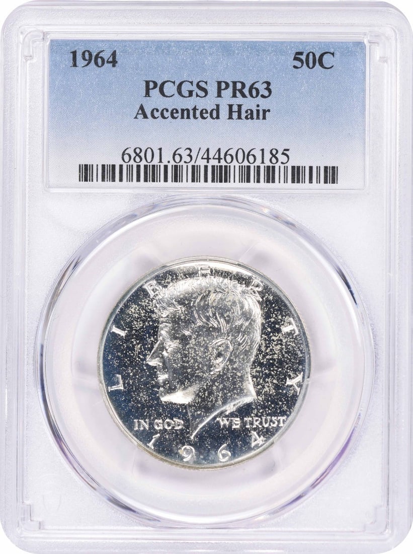 PCGS PR63 1964 Accented Hair Kennedy Half Dollar Proof 90% Silver: PCGS PR63 1964 Accented Hair Kennedy Half Dollar Proof 90% Silver This 1964 Kennedy Half Dollar features the Accented Hair variety and is certified PR63 by PCGS. Struck in proof quality at the Philade