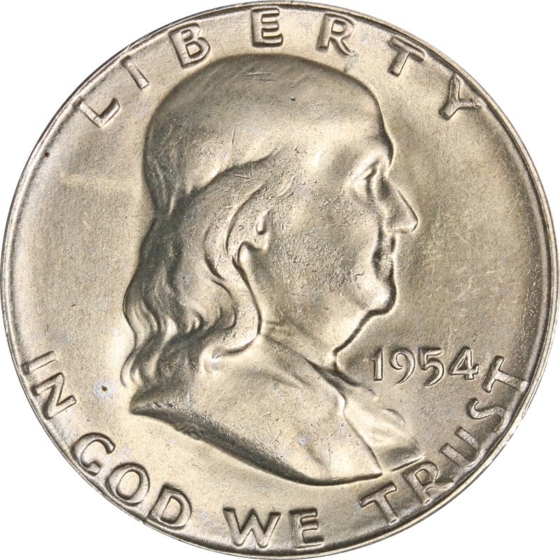 1954 San Francisco Mint Silver Franklin Half Dollar Coin: 1954 San Francisco Mint Silver Franklin Half Dollar Coin This 1954-S Franklin Half Dollar is a circulated coin composed of silver, minted in San Francisco in 1954. It is pre-owned and uncertified, wit