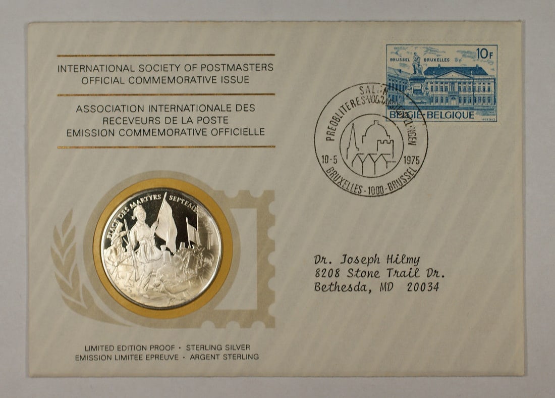 Franklin Mint 1975 Belgian Heritage commemorative silver medal with stamp (1 of 3)
