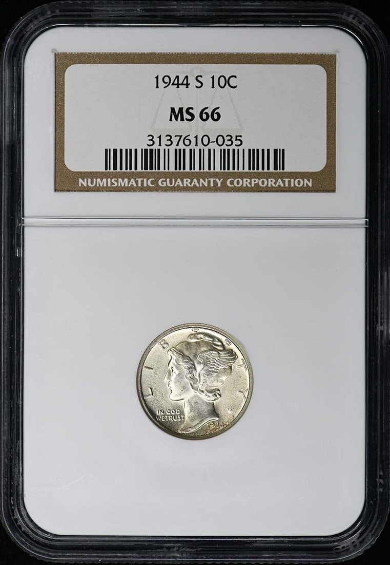 NGC MS66 San Francisco 1944 Mercury Dime Ten Cent Coin: NGC MS66 San Francisco 1944 Mercury Dime Ten Cent Coin This is a 1944-S Mercury Dime graded MS66 by NGC. The coin is uncirculated and was minted in San Francisco. It is a pre-owned United States Mercu