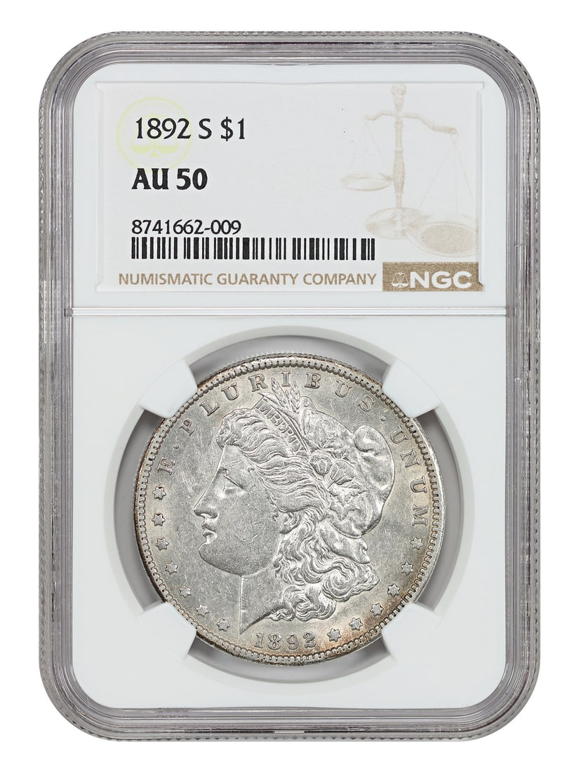 NGC AU50 1892-S Morgan Silver Dollar: NGC AU50 1892-S Morgan Silver Dollar This 1892-S Morgan Dollar is graded AU50 by NGC and represents a scarce date in the series. Struck at the San Francisco Mint, this circulated coin is notable for i