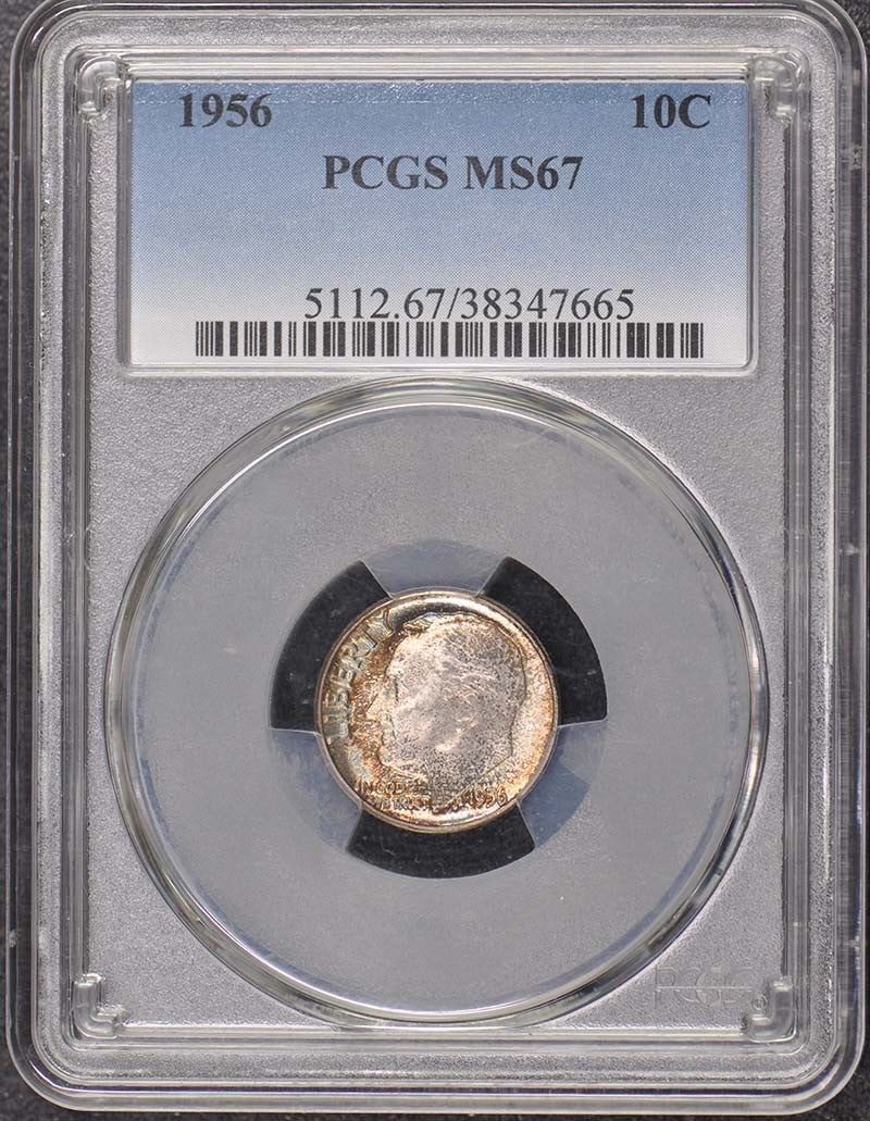 1956 Roosevelt Dime Graded MS67 by PCGS Philadelphia Mint: 1956 Roosevelt Dime Graded MS67 by PCGS Philadelphia Mint This 1956 Roosevelt Dime is certified by PCGS with a remarkable grade of MS67, indicating its uncirculated condition. Minted in Philadelphia, 
